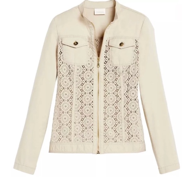 CHICOS Crochet Mix Jacket Coat Tan Beige Full Zip Closure Pockets Lace Basic - Picture 8 of 10